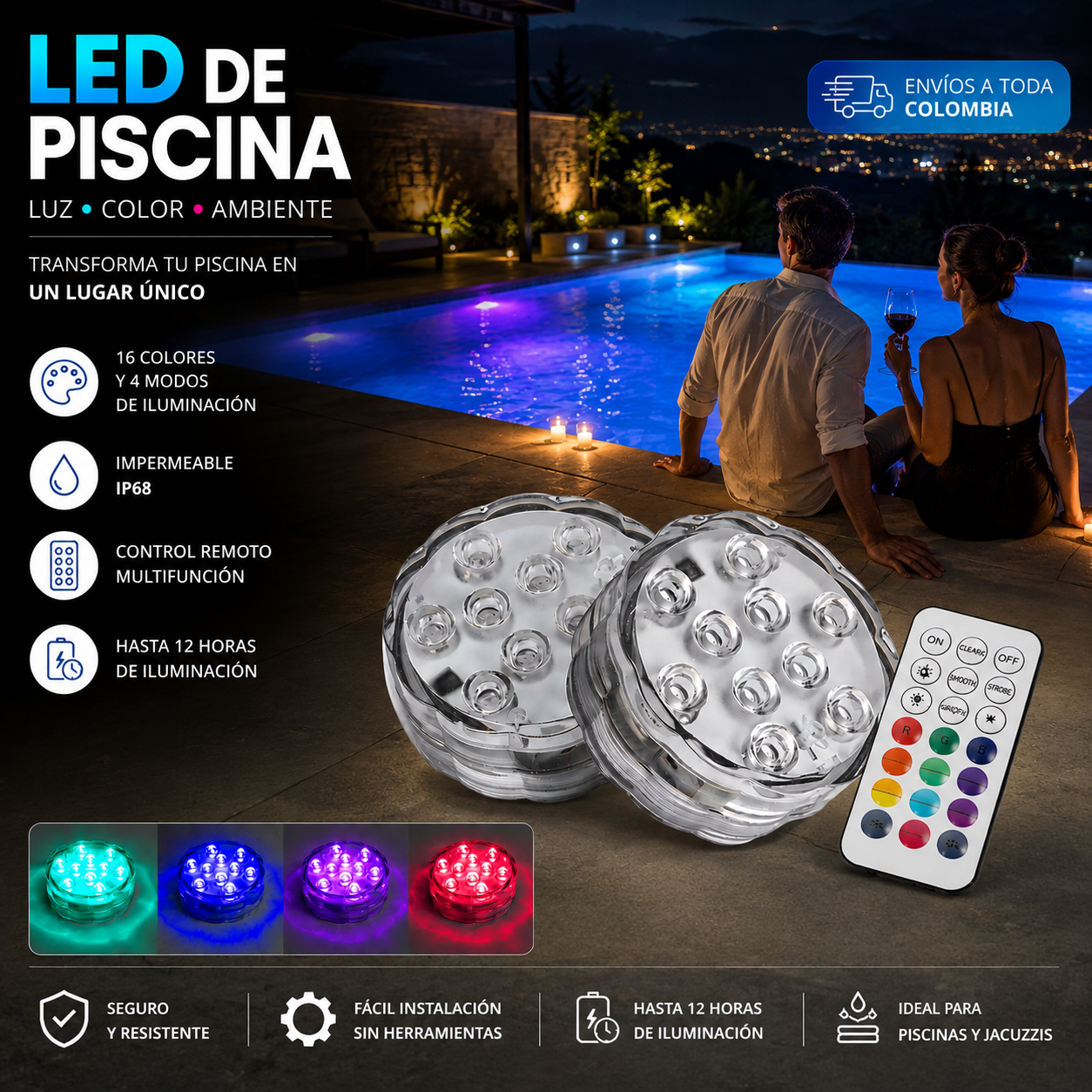Kit de iluminación RGB para piscinas - Inalámbrico con control remoto